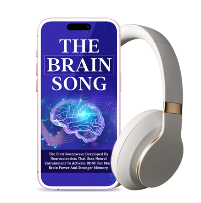 The Brain Song cover artwork shown on a smartphone screen beside white over-ear headphones, from the official sales page